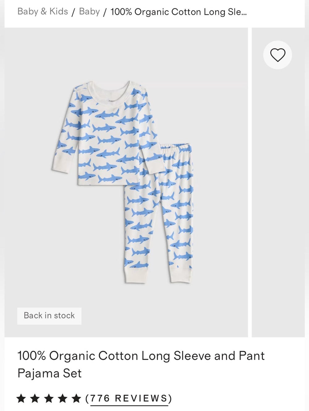 Quince 100% Organic Cotton Long Sleeve and Pant Pajama Set Sharks size 18-24M